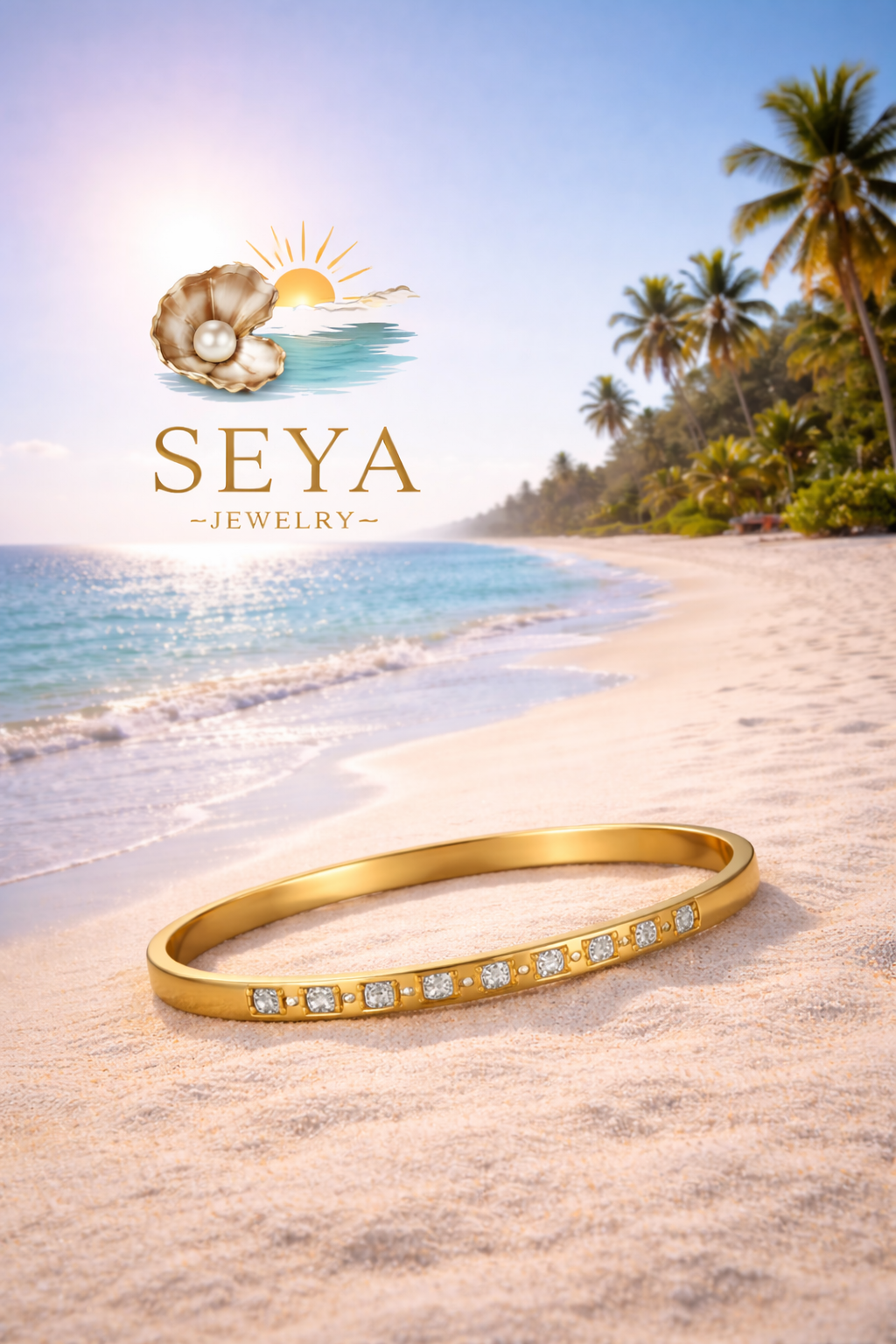 Bracelet, 7 stones top, 18K Gold Plated Steel